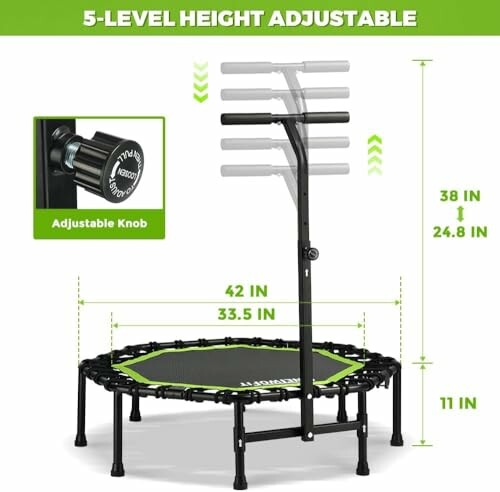 Trampolín con ajuste de altura de 5 niveles y perilla ajustable.
