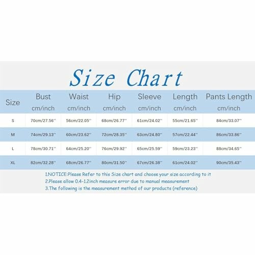 Tabla de tallas de ropa con medidas en centímetros y pulgadas.