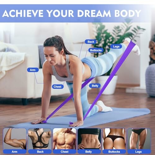 Mujer haciendo ejercicio con banda de resistencia en casa.