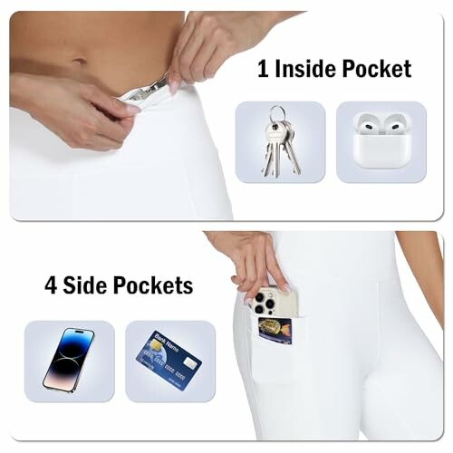 Leggings blancos con múltiples bolsillos, mostrando un bolsillo interno y cuatro bolsillos laterales para artículos como llaves y teléfono.