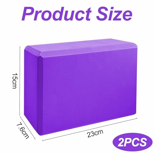 Bloque de yoga púrpura con dimensiones.