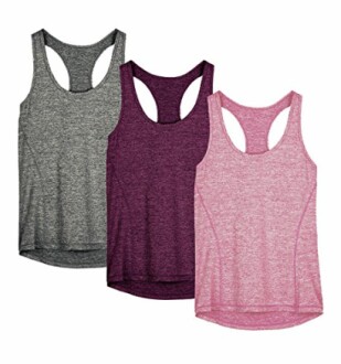 Tres camisetas deportivas sin mangas en gris, morado y rosa.