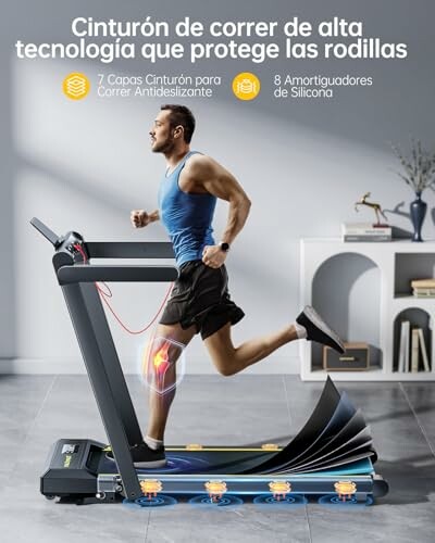 Hombre corriendo en una cinta de correr de alta tecnología con protección para las rodillas.