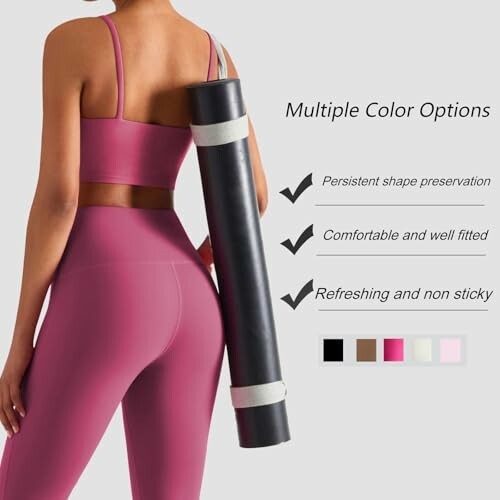 Mujer con colchoneta de yoga y opciones de color.